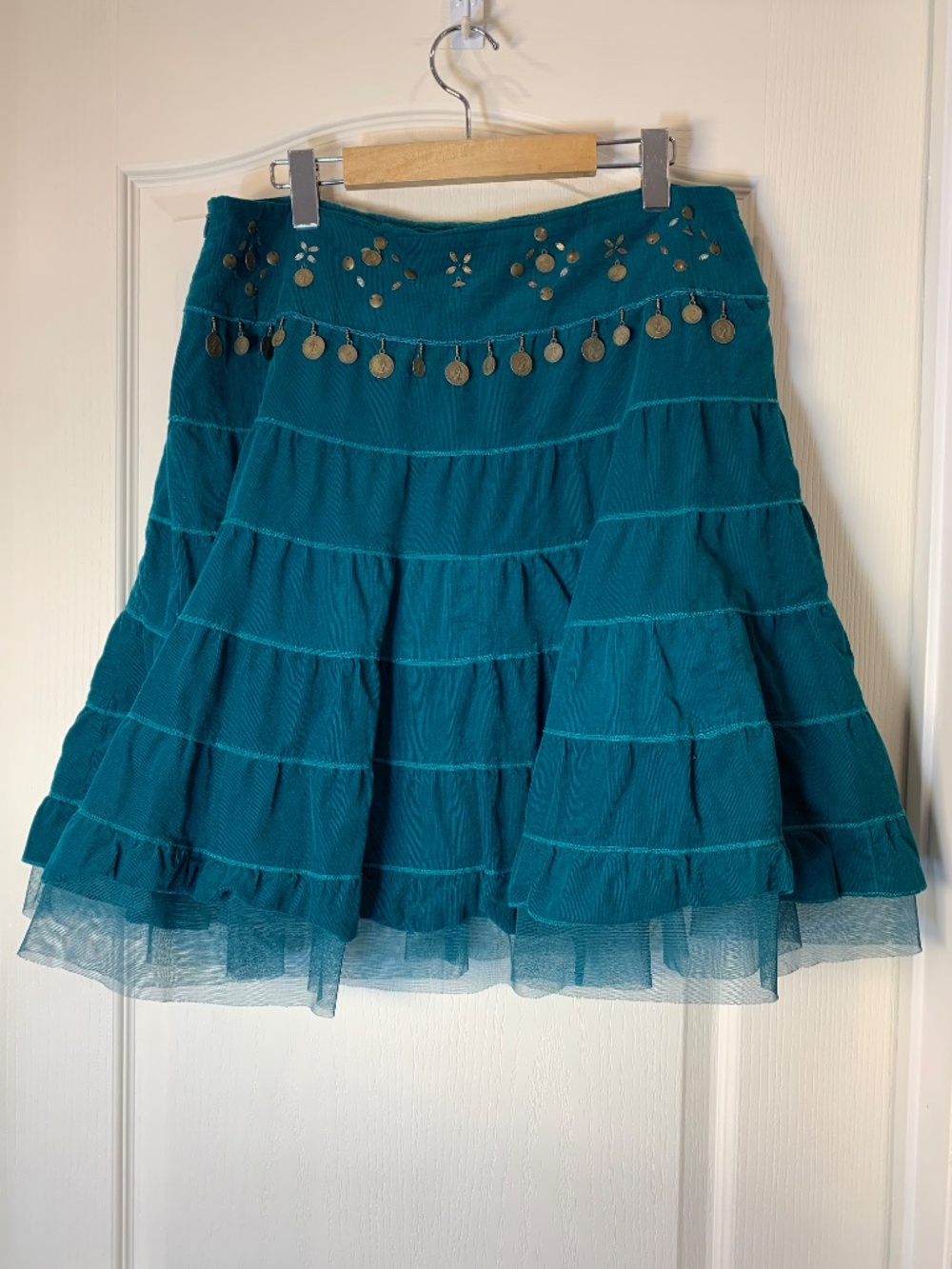 Le Grenier Teal Corduroy Boho Tiered Skirt Coin Embellished Size 11